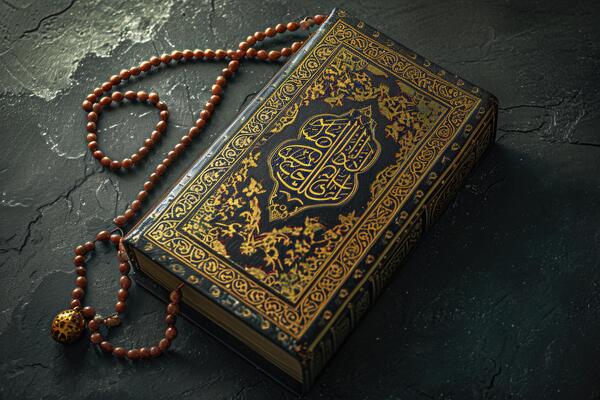 ai-generated-quran-or-kuran-the-islamic-holy-book-in-dark-background-with-rosary-bead-photo